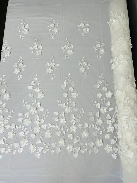 3D Floral Design Embroider with Pearls in a Mesh Lace-Sold by The Yard Ivory