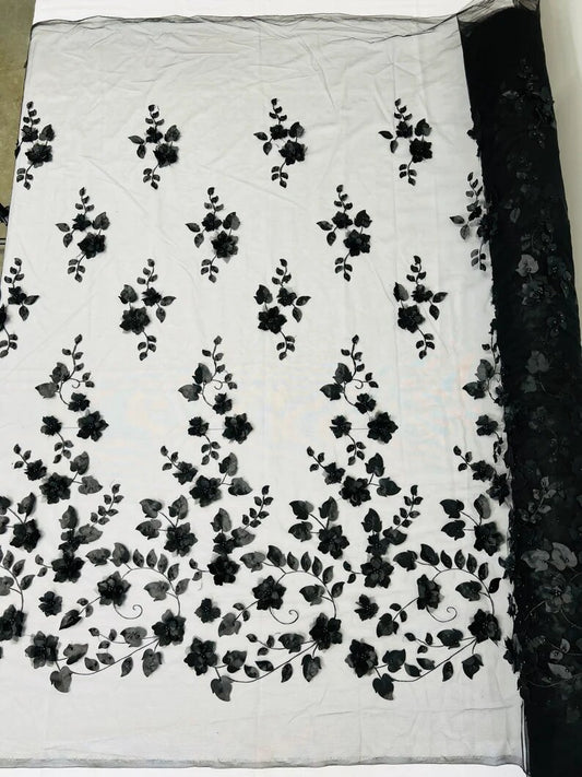 3D Floral Design Embroider with Pearls in a Mesh Lace-Sold by The Yard Black