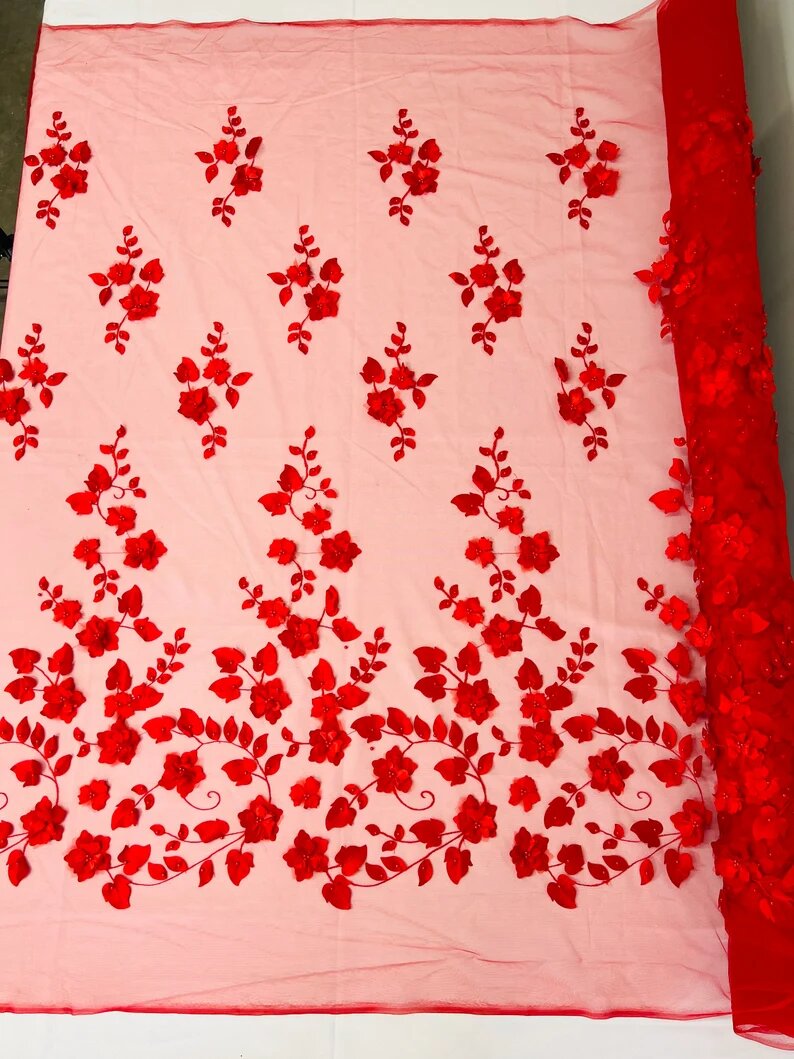 3D Floral Design Embroider with Pearls in a Mesh Lace-Sold by The Yard Red