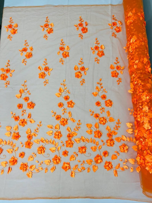3D Floral Design Embroider with Pearls in a Mesh Lace-Sold by The Yard Orange