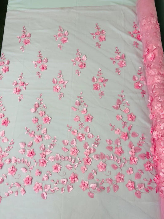 3D Floral Design Embroider with Pearls in a Mesh Lace-Sold by The Yard Candy Pink