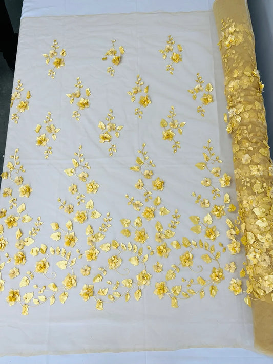 3D Floral Design Embroider with Pearls in a Mesh Lace-Sold by The Yard Gold
