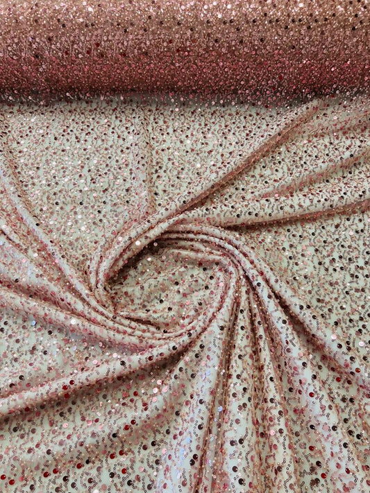 Royalty Fabrics Dusty Rose iridescent heavy hand beaded princess design embroider with beads-pearls-sequins on a mesh lace-sold by yard.