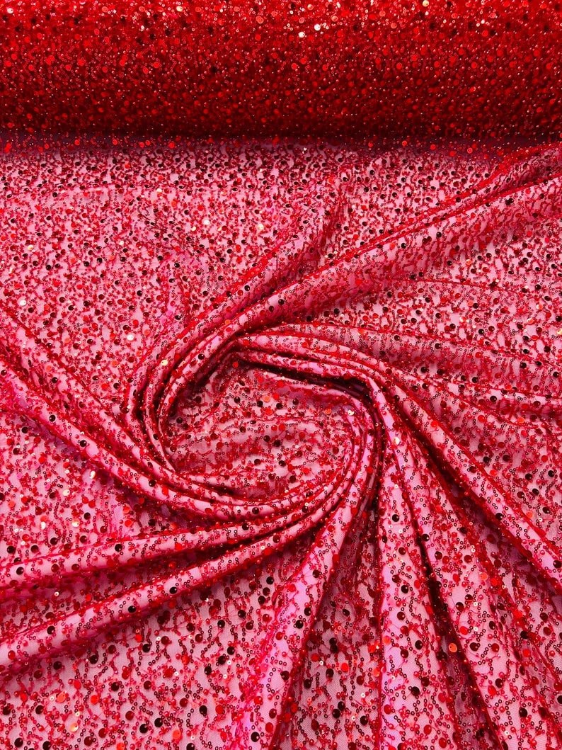 Royalty Fabrics Red iridescent heavy hand beaded princess design embroider with beads-pearls-sequins on a mesh lace-sold by yard