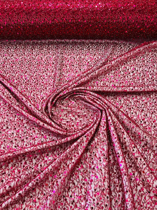 Royalty Fabrics Burgundy iridescent heavy hand beaded princess design embroider with beads-pearls-sequins on a mesh lace-sold by yard