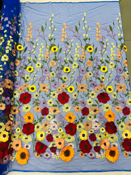 Royalty Fabrics Multi color Sun flower 3d design embroider in a royal mesh lace-sold by the yard.