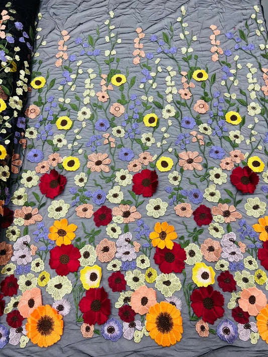 Royalty Fabrics Multi color Sun flower 3d design embroider in a Black mesh lace-sold by the yard.