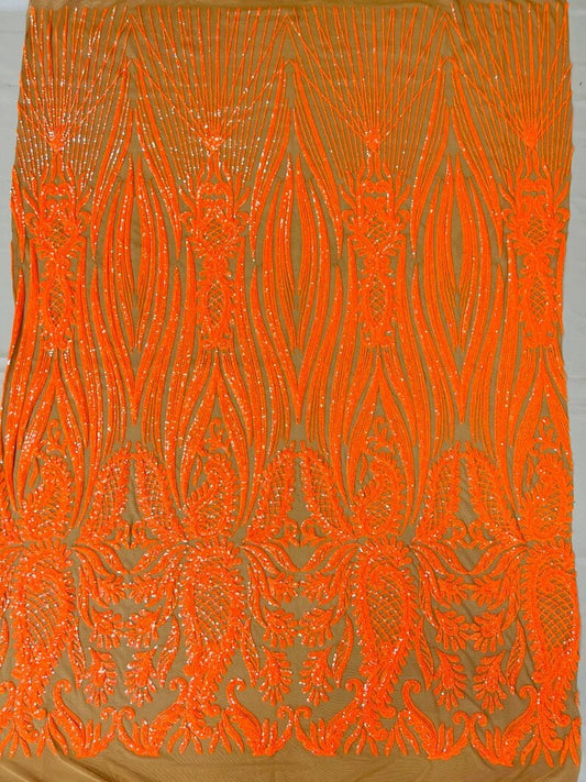 Fashion Design Sequins Embroider on a 4 Way Stretch Mesh Fabric- Sold by The Yard. Orange Iridescent