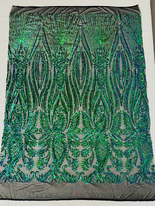 Fashion Design Sequins Embroider on a 4 Way Stretch Mesh Fabric- Sold by The Yard. Green Iridescent
