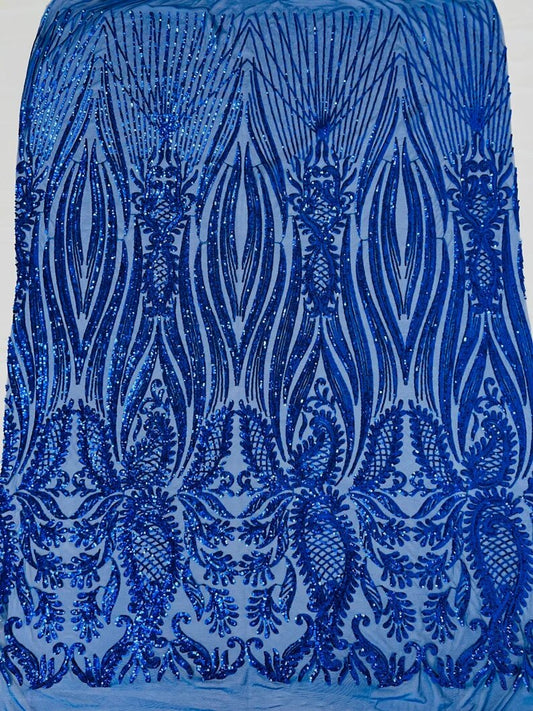 Fashion Design Sequins Embroider on a 4 Way Stretch Mesh Fabric- Sold by The Yard. Royal