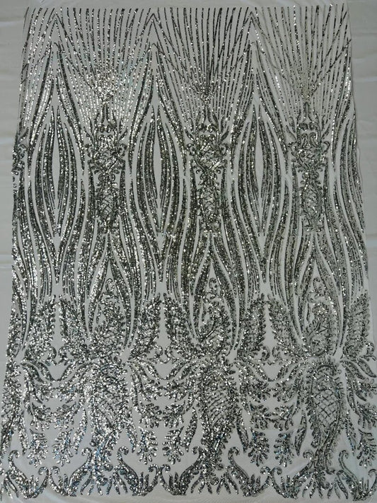 Fashion Design Sequins Embroider on a 4 Way Stretch Mesh Fabric- Sold by The Yard. Silver