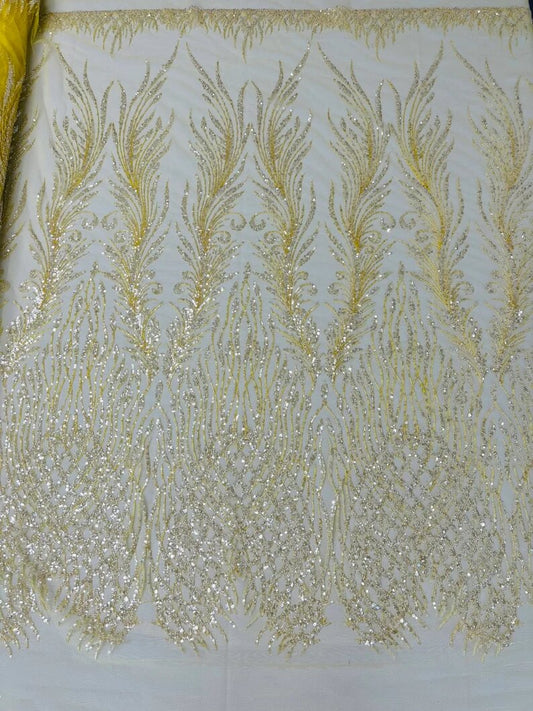 Wings Design Embroider and heavy beading on a mesh lace-sold by the yard. Yellow