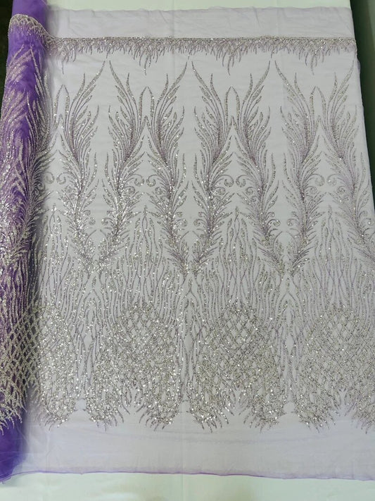 Wings Design Embroider and heavy beading on a mesh lace-sold by the yard. Lilac