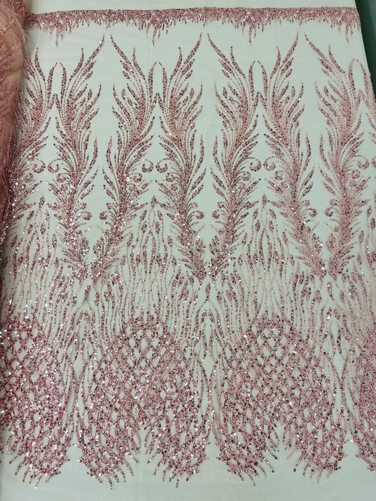 Wings Design Embroider and heavy beading on a mesh lace-sold by the yard. Dusty Pink