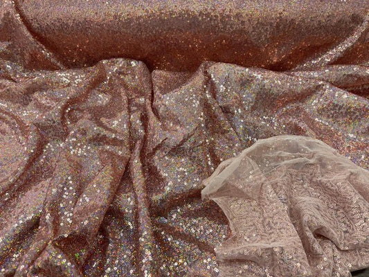 Iridescent Mermaid Fish Scales-Mini Glitz Sequins Embroider on a 2 Way Stretch Mesh Fabric-Sold by the Yard- Blush Pink