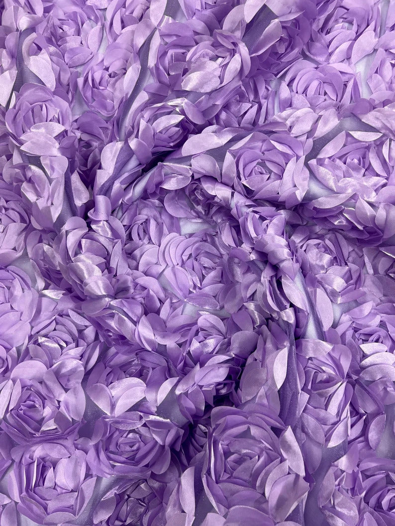 3D Rosette Embroidery Satin Rose Flowers Floral Mesh Fabric by the yard Lilac