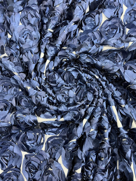 3D Rosette Embroidery Satin Rose Flowers Floral Mesh Fabric by the yard Navy