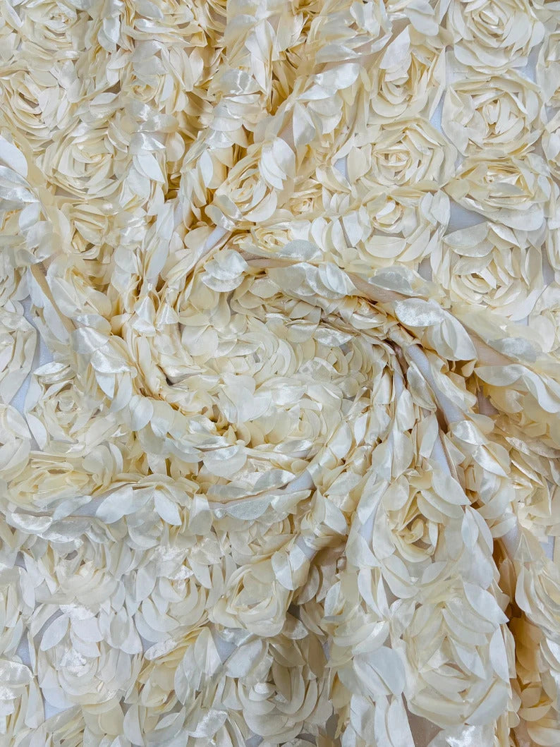 3D Rosette Embroidery Satin Rose Flowers Floral Mesh Fabric by the yard Cream