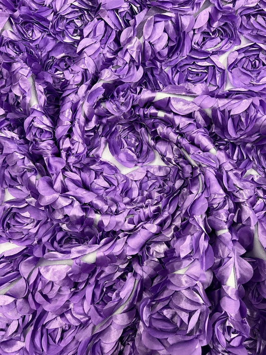 3D Rosette Embroidery Satin Rose Flowers Floral Mesh Fabric by the yard Lavender