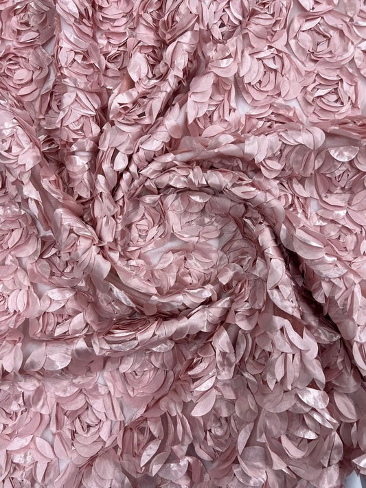 3D Rosette Embroidery Satin Rose Flowers Floral Mesh Fabric by the yard Dusty Rose