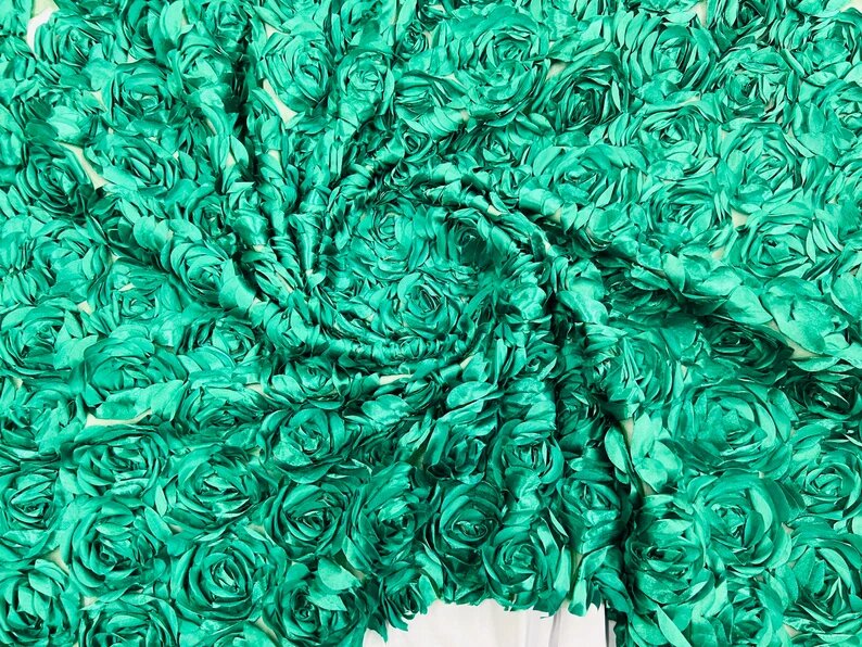 3D Rosette Embroidery Satin Rose Flowers Floral Mesh Fabric by the yard Kelly Green