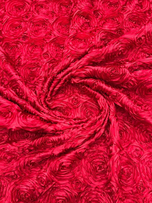 3D Rosette Embroidery Satin Rose Flowers Floral on a satin Fabric by the yard. Apple Red