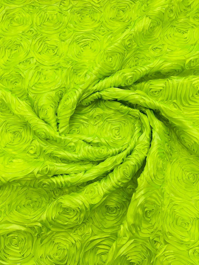 3D Rosette Embroidery Satin Rose Flowers Floral on a satin Fabric by the yard. Neon Yellow