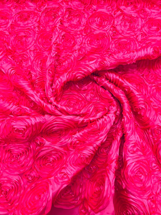 3D Rosette Embroidery Satin Rose Flowers Floral on a satin Fabric by the yard. Neon Pink