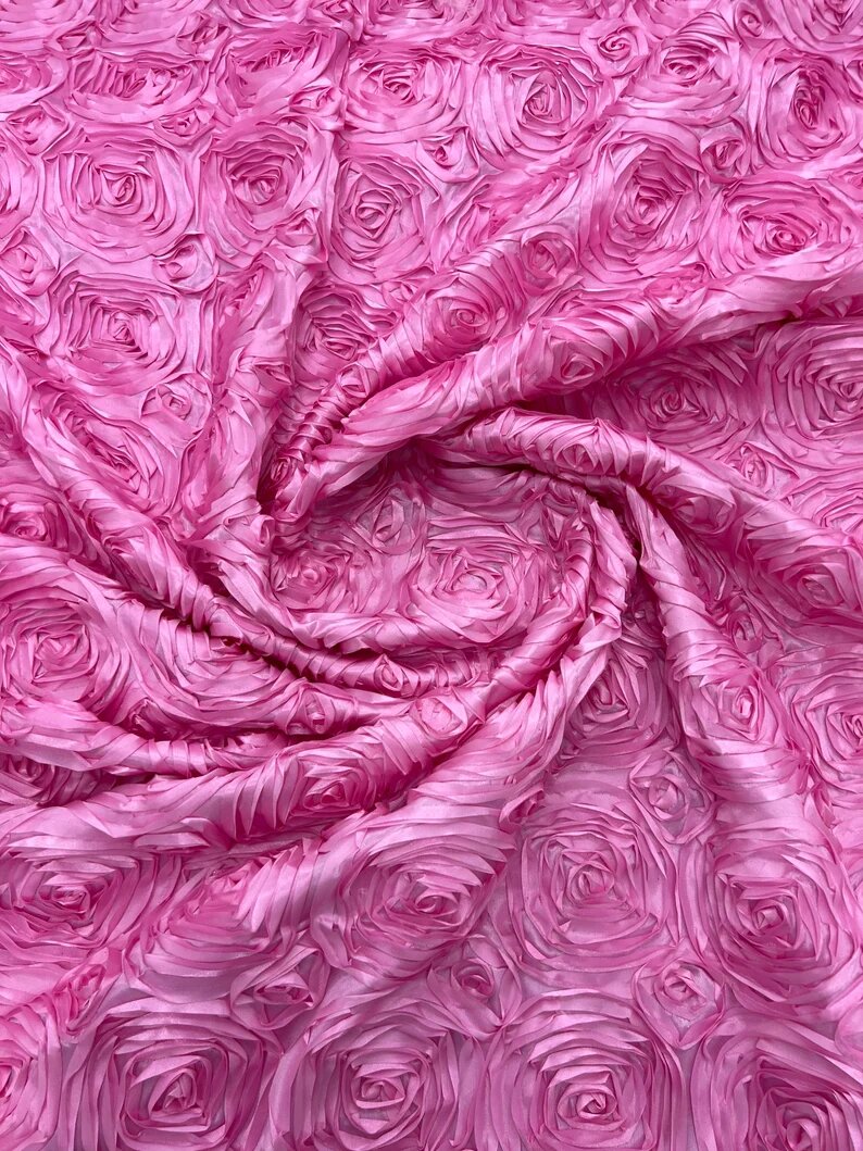 3D Rosette Embroidery Satin Rose Flowers Floral on a satin Fabric by the yard. Pink