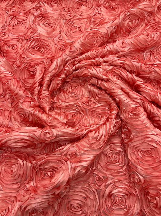 3D Rosette Embroidery Satin Rose Flowers Floral on a satin Fabric by the yard. Coral