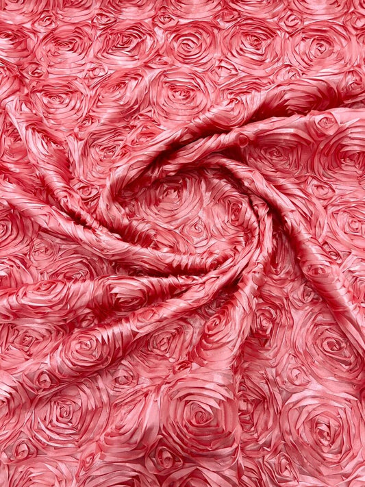 3D Rosette Embroidery Satin Rose Flowers Floral on a satin Fabric by the yard. Dusty Rose