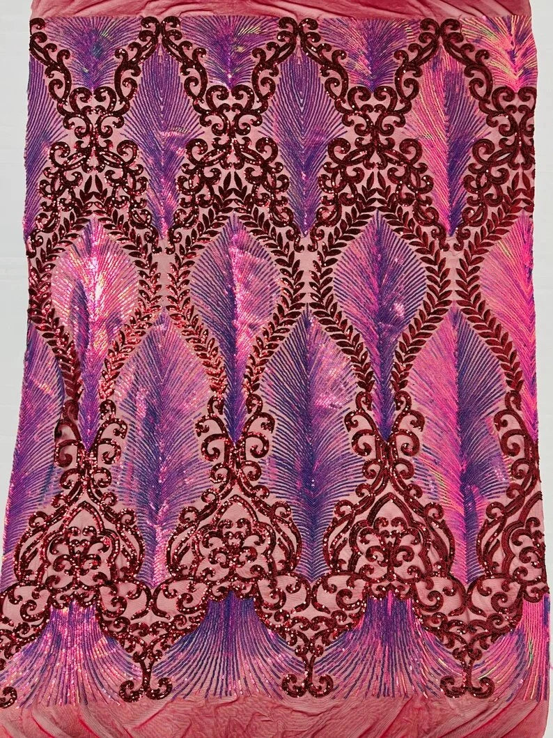 Iridescent/Burgundy Two tone damask design with sequins embroider on a 4 way stretch mesh fabric-sold by the yard. Rainbo