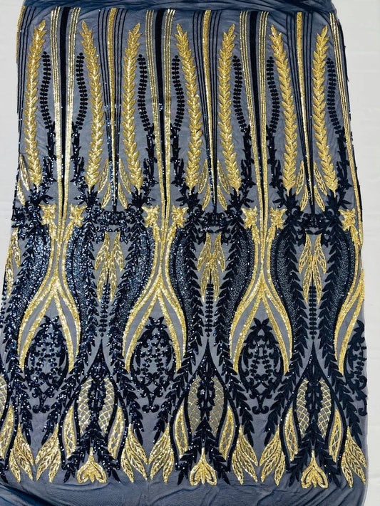 Two tone damask design with sequins embroider on a 4 way stretch mesh fabric-sold by the yard. Navy/Gold