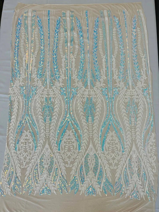 Two tone damask design with sequins embroider on a 4 way stretch mesh fabric-sold by the yard. Aqua Iridescent/White