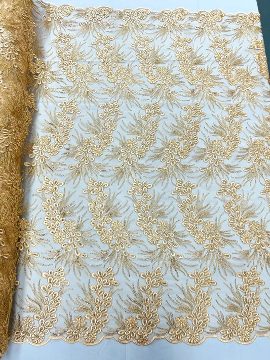 Feather design lace with metallic cord and embroider with sequins on a mesh-Sold by the yard. Peach