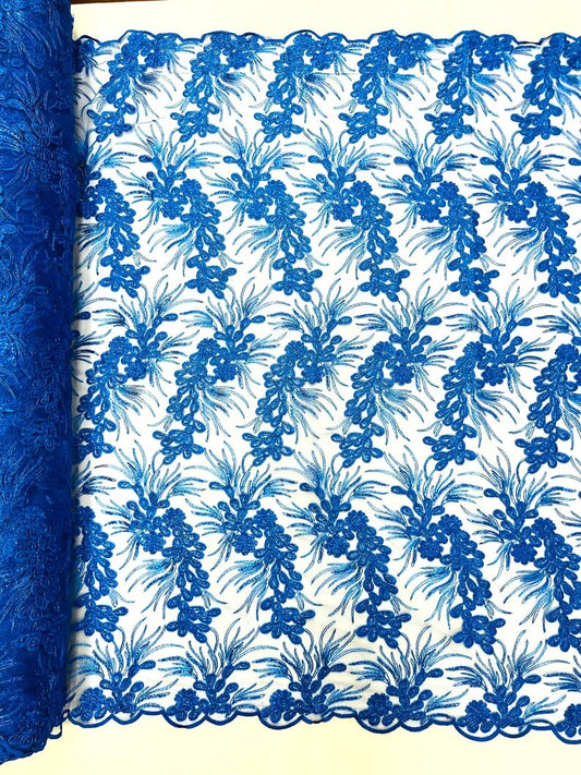 Feather design lace with metallic cord and embroider with sequins on a mesh-Sold by the yard. Royal Blue