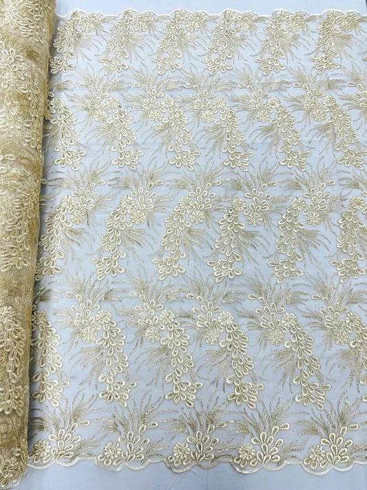 Feather design lace with metallic cord and embroider with sequins on a mesh-Sold by the yard. Ivory Gold