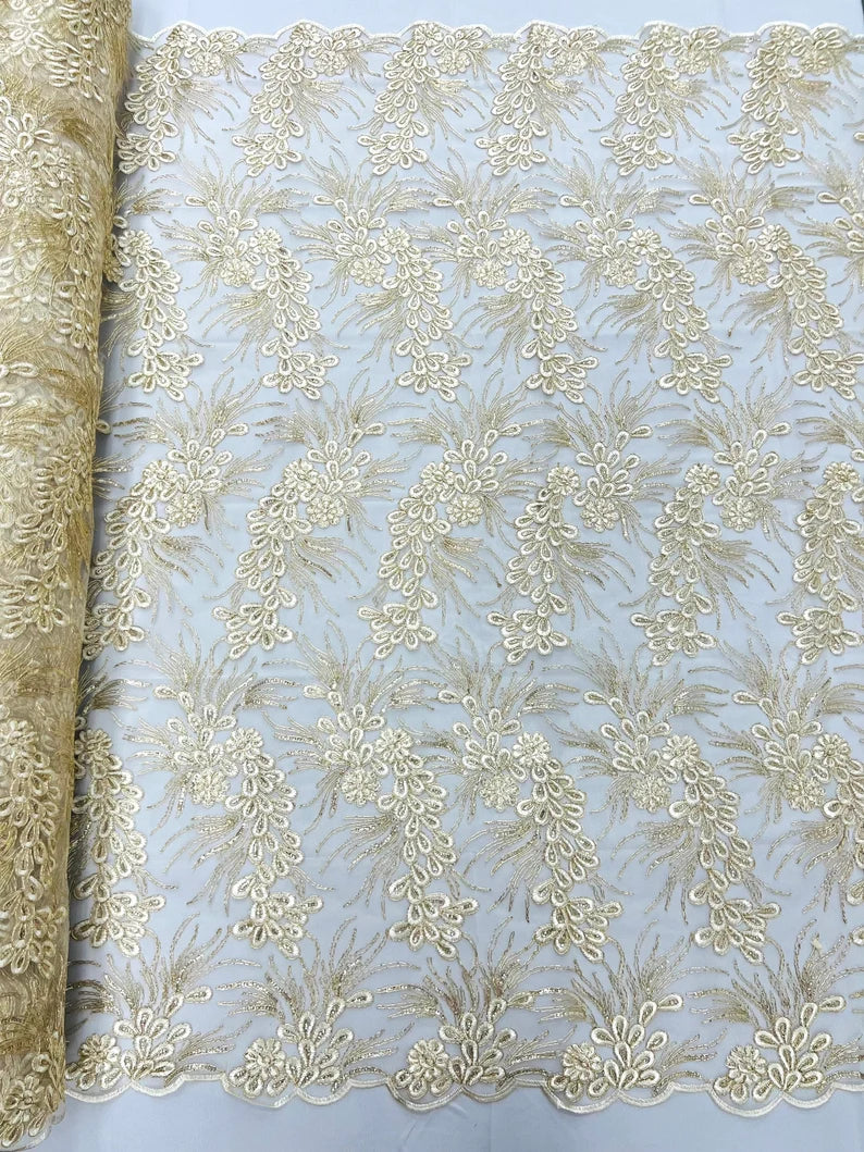 Feather design lace with metallic cord and embroider with sequins on a mesh-Sold by the yard. Ivory Gold