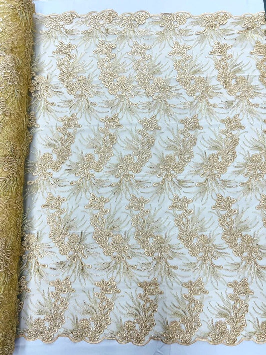 Feather design lace with metallic cord and embroider with sequins on a mesh-Sold by the yard. Beige