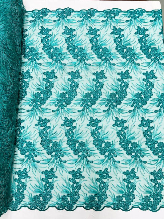 Feather design lace with metallic cord and embroider with sequins on a mesh-Sold by the yard. Teal