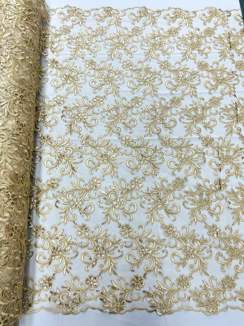 Corded flowers embroider with sequins on a mesh lace fabric-sold by the yard- Beige