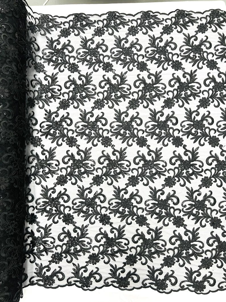 Corded flowers embroider with sequins on a mesh lace fabric-sold by the yard- Black
