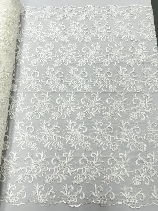 Corded flowers embroider with sequins on a mesh lace fabric-sold by the yard- Ivory