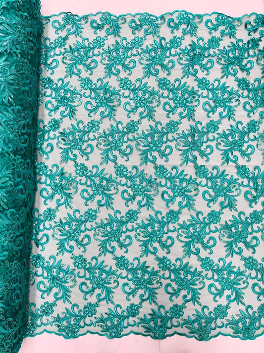Corded flowers embroider with sequins on a mesh lace fabric-sold by the yard- Teal Green