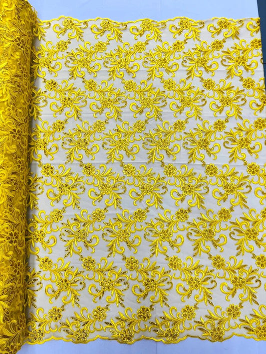 Corded flowers embroider with sequins on a mesh lace fabric-sold by the yard- Yellow