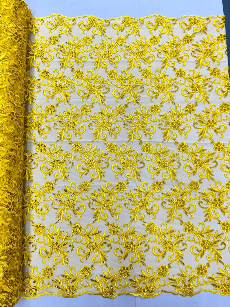 Corded flowers embroider with sequins on a mesh lace fabric-sold by the yard- Yellow