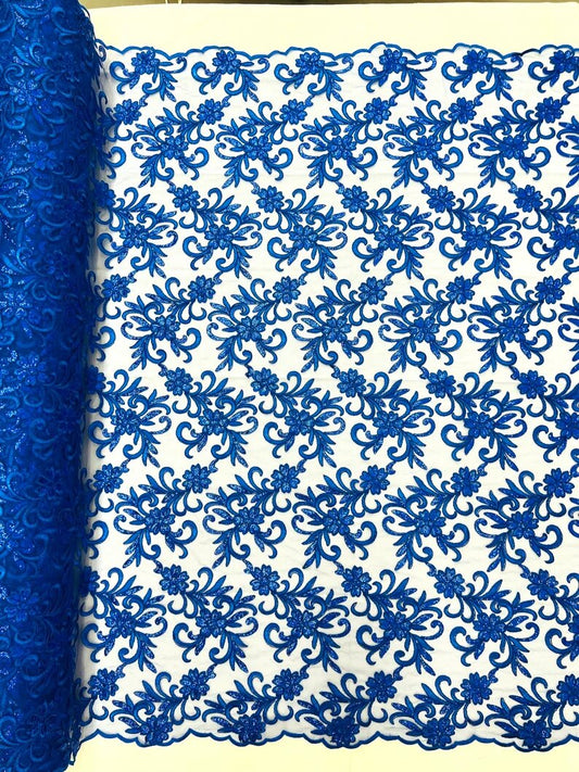 Corded flowers embroider with sequins on a mesh lace fabric-sold by the yard- Royal Blue