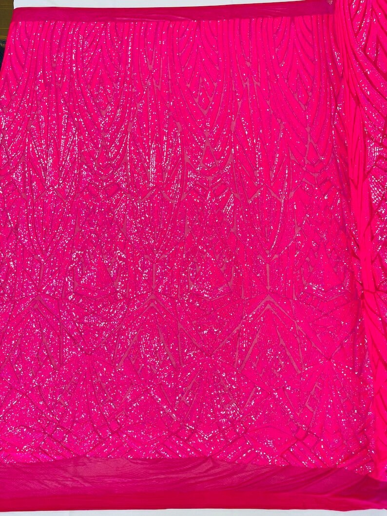 Geometric Shiny Design Sequins Embroider on a 4 Way Stretch Mesh Fabric- Sold by The Yard. Neon Hot Pink Iridescent