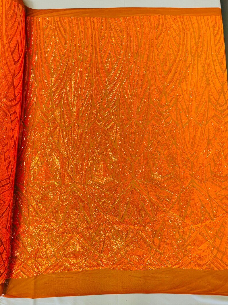 Geometric Shiny Design Sequins Embroider on a 4 Way Stretch Mesh Fabric- Sold by The Yard. Neon OrangeIridescent