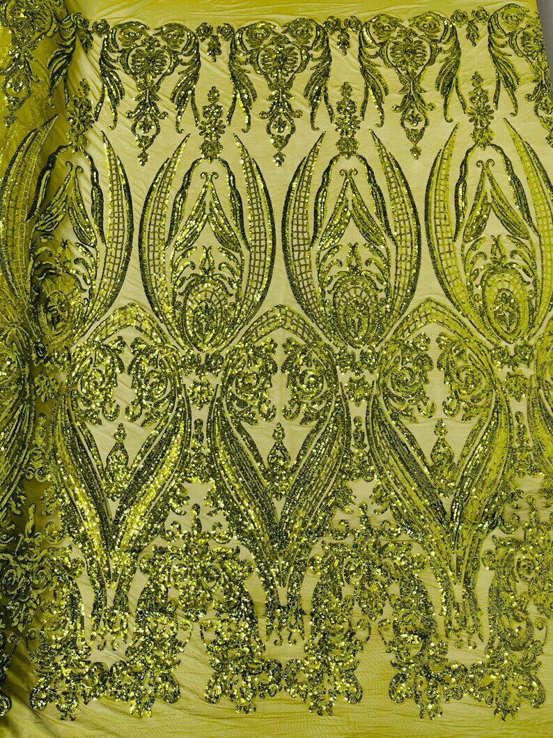 Empire damask design with sequins embroider on a 4 way stretch mesh fabric-sold by the yard. Olive
